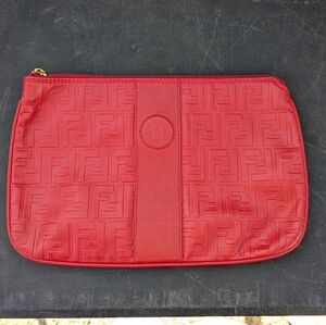Vintage Fendi Scarlet Red Embossed Pouch 12", EXCELLENT Condition